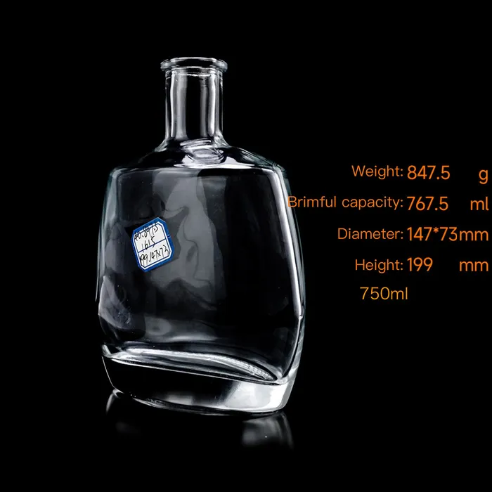 Wholesale 750ml Unique Flat Shape Super Flint Glass Brandy Bottle with Heavy Base for Liquor XO Cognac with Cork Top