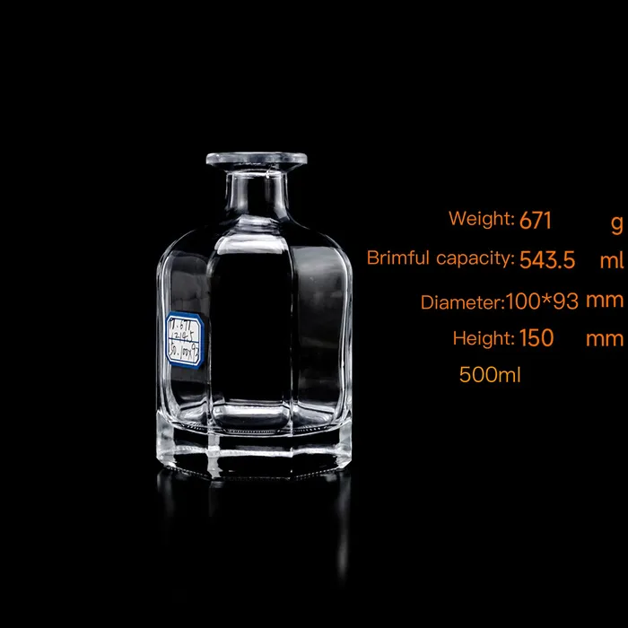 Custom Design 500ml Hexagonal Glass Bottle Luxury Heavy Base for Liquor Whiskey Gin Rum Tequila Spirit with Cork